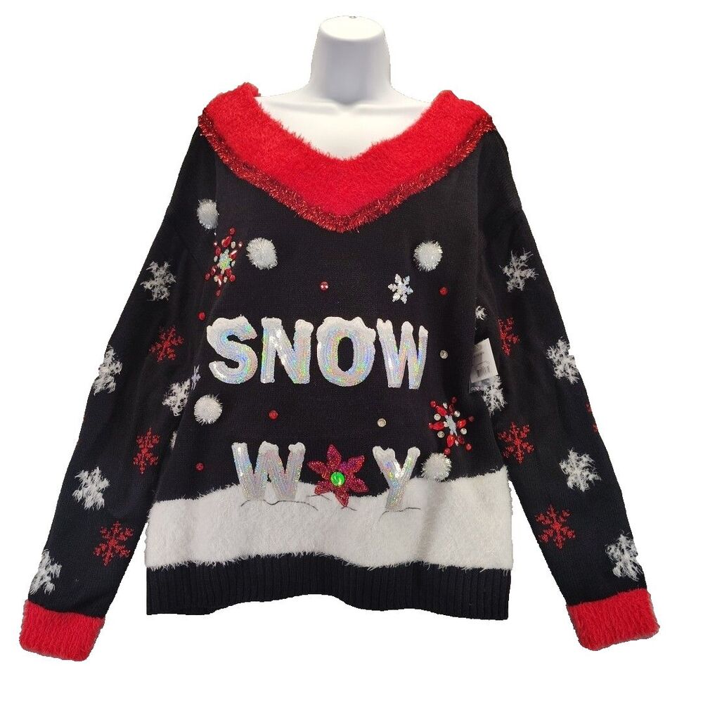 Holiday Time Embellished Black Red Snow Way Christmas Sweater XL 16-18 NWT